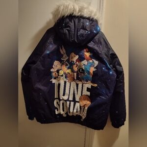 Members Only Looney Tunes Space Jam Blue Bomber Size L Faux Fur Hooded Coat